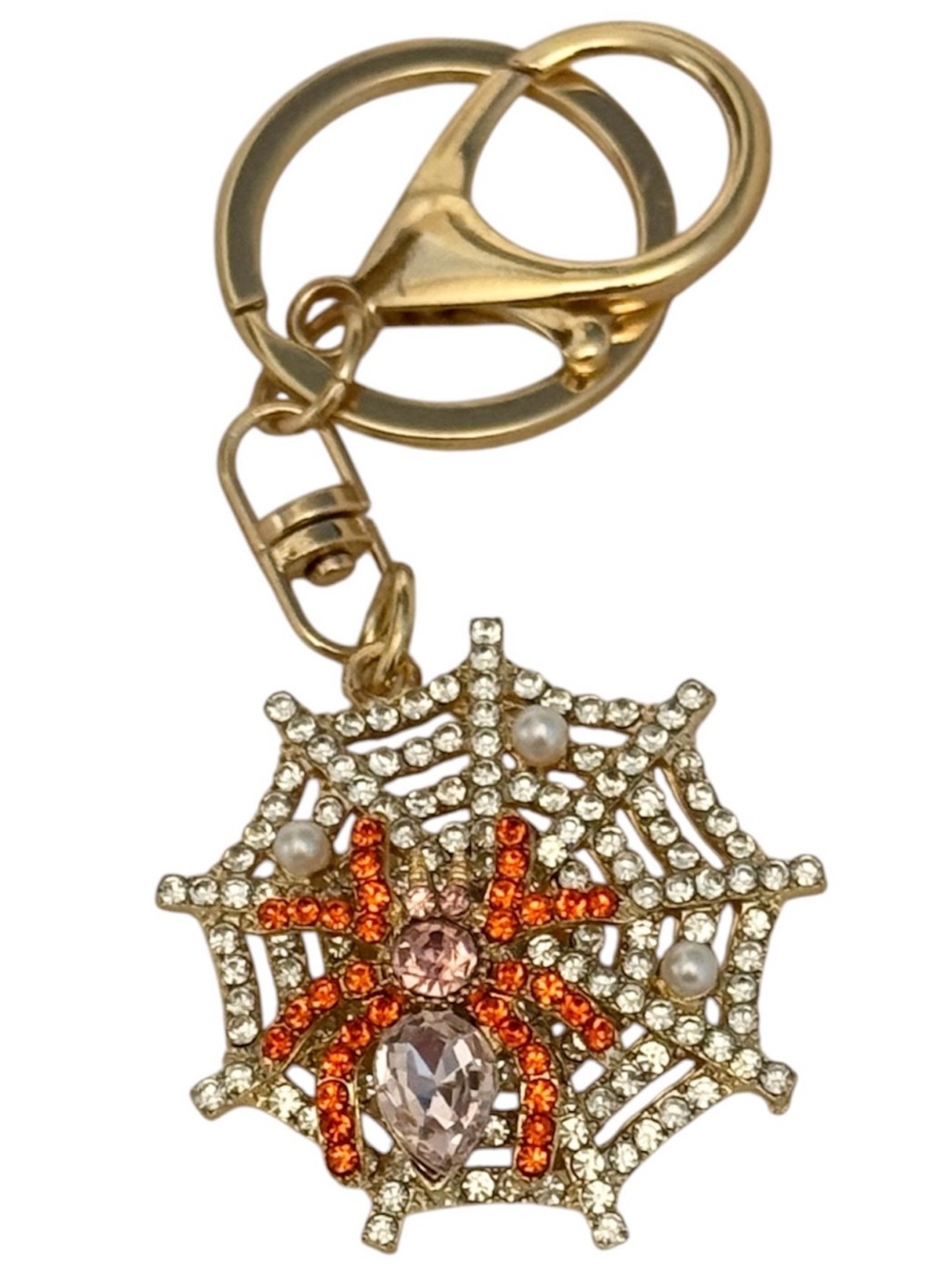 NWOT Halloween Gold-Tone Spider Web Bah CharmKeychain with Orange Crystal Spider